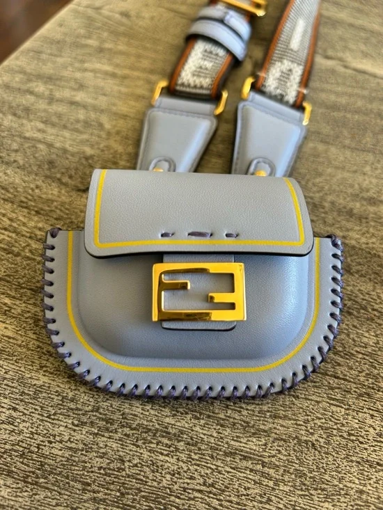 Fendi Pico Baguette Airpods Case Blue Leather Necklace Bag Charm 100% auth - Picture 2 of 7
